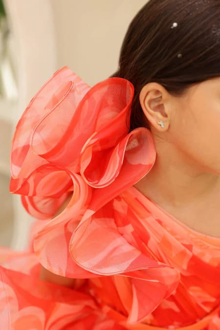 Janyas Closet_Orange Organza, Net, Silk Aria One-shoulder Floral Print Dress _Online_at_Aza_Fashions