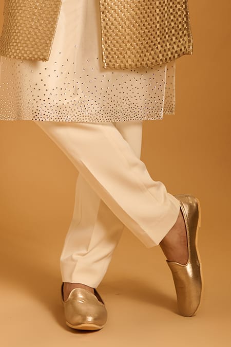 Siddartha Tytler_Gold Taffeta, Silk Organza, Knit Crystals Intrecciato Woven Sherwani Set _Online_at_Aza_Fashions