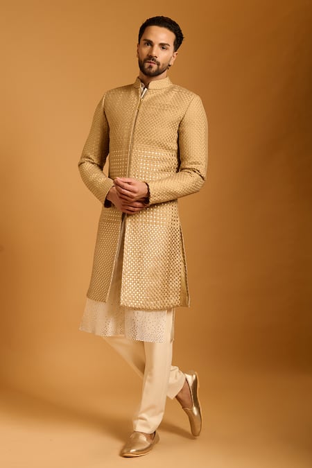 Buy_Siddartha Tytler_Gold Taffeta, Silk Organza, Knit Crystals Intrecciato Woven Sherwani Set _Online_at_Aza_Fashions