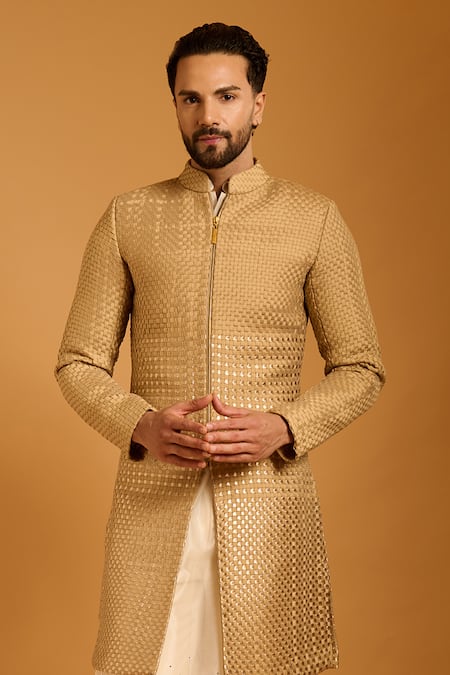 Shop_Siddartha Tytler_Gold Taffeta, Silk Organza, Knit Crystals Intrecciato Woven Sherwani Set _Online_at_Aza_Fashions