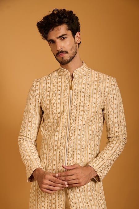 Buy_Siddartha Tytler_Gold Silk, Knit Zari, Crystals, Embroidery And Sherwani Set _Online_at_Aza_Fashions