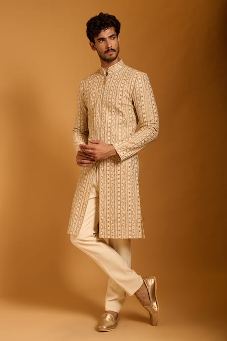 Shop_Siddartha Tytler_Gold Silk, Knit Zari, Crystals, Embroidery And Sherwani Set _Online_at_Aza_Fashions