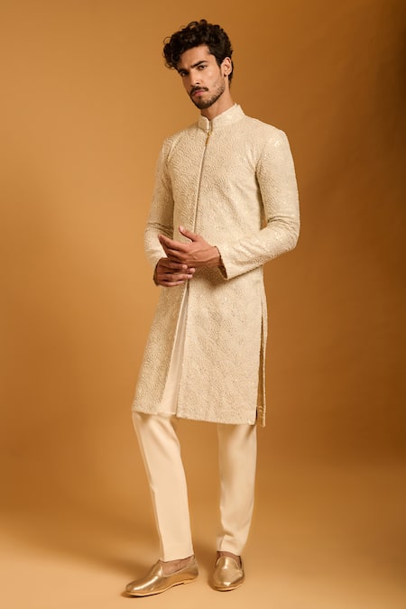 Buy_Siddartha Tytler_Ivory , Organza, Knit Sequins, Embroidery 3d Sherwani Set _Online_at_Aza_Fashions