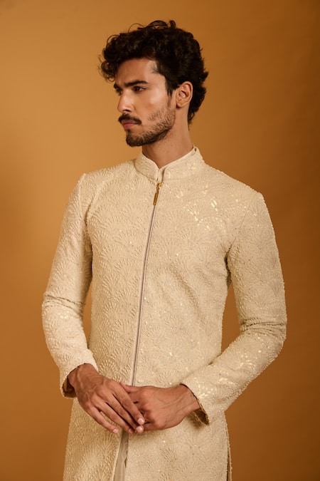 Shop_Siddartha Tytler_Ivory , Organza, Knit Sequins, Embroidery 3d Sherwani Set _Online_at_Aza_Fashions