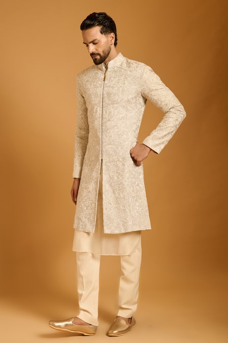 Buy Siddartha Tytler Ivory , Organza, Knit Embroidery Floral Thread Work Sherwani Set Online at Aza Fashions Buy_Siddartha Tytler_Ivory , Organza, Knit Embroidery Floral Thread Work Sherwani Set _Online_at_Aza_Fashions