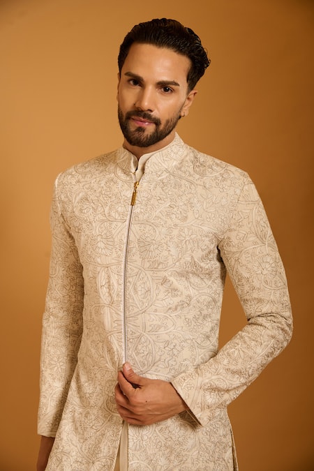 Shop Siddartha Tytler Ivory , Organza, Knit Embroidery Floral Thread Work Sherwani Set Online at Aza Fashions Shop_Siddartha Tytler_Ivory , Organza, Knit Embroidery Floral Thread Work Sherwani Set _Online_at_Aza_Fashions
