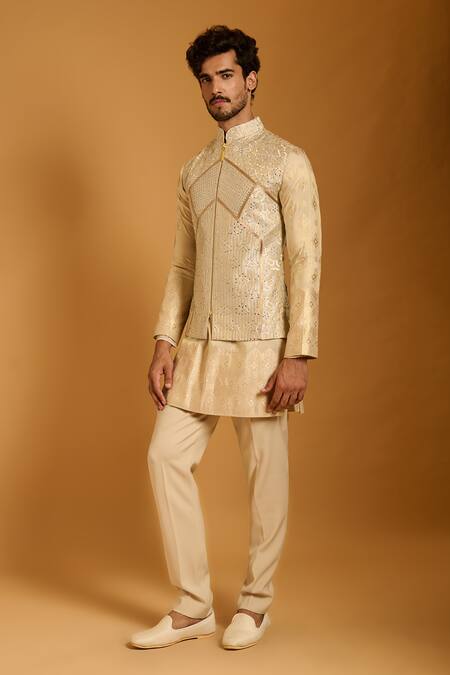 Siddartha Tytler_Ivory Silk, Chanderi, Knit Embroidery, Crystals Thread And Work Bundi Set _Online_at_Aza_Fashions