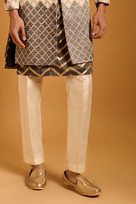 Siddartha Tytler_Ivory Silk, Chanderi Applique Zipper Sherwani Set _Online_at_Aza_Fashions
