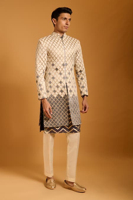Buy_Siddartha Tytler_Ivory Silk, Chanderi Applique Zipper Sherwani Set _Online_at_Aza_Fashions