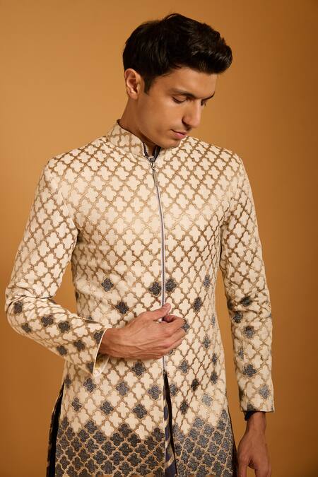 Shop_Siddartha Tytler_Ivory Silk, Chanderi Applique Zipper Sherwani Set _Online_at_Aza_Fashions
