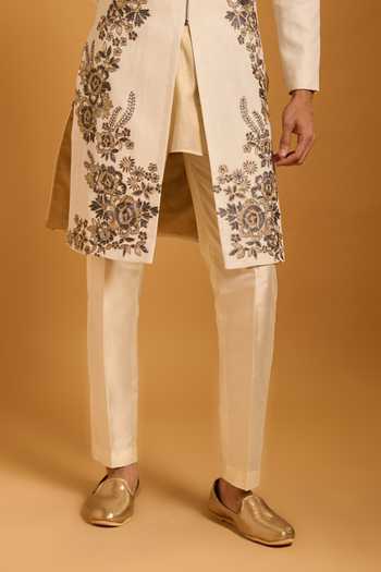 Siddartha Tytler_Ivory Silk Embroidery, Zari Floral Vine Sherwani Set _Online_at_Aza_Fashions