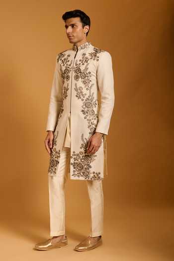 Buy_Siddartha Tytler_Ivory Silk Embroidery, Zari Floral Vine Sherwani Set _Online_at_Aza_Fashions