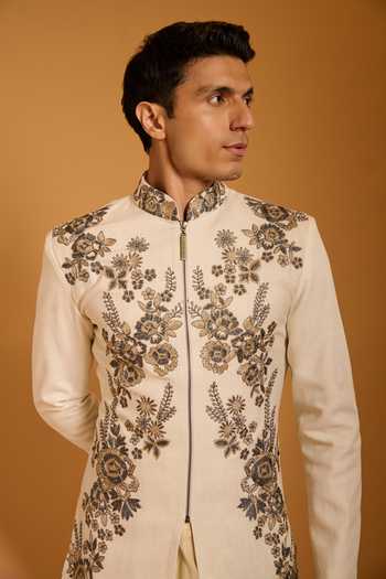 Shop_Siddartha Tytler_Ivory Silk Embroidery, Zari Floral Vine Sherwani Set _Online_at_Aza_Fashions