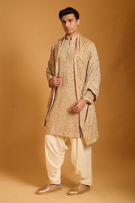 Siddartha Tytler_Gold Georgette, Rayon Sequins Ombre Work Kurta Set _Online_at_Aza_Fashions