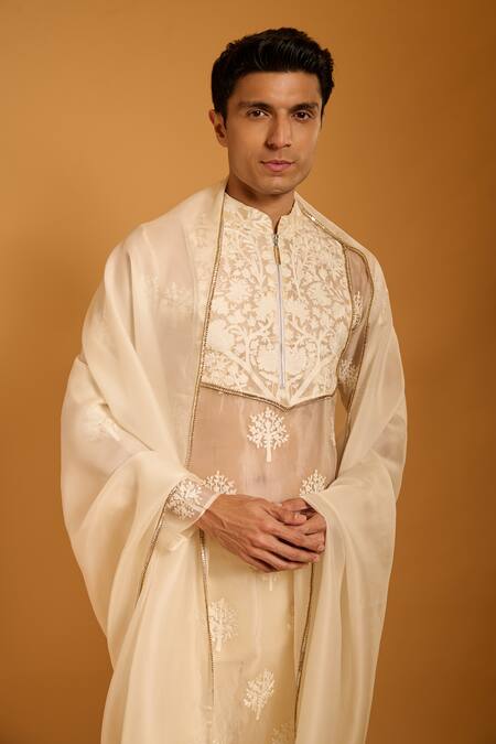 Buy_Siddartha Tytler_Ivory Silk Organza Embroidery, Crystals, Piping Floral Thread Work Kurta Set _Online_at_Aza_Fashions