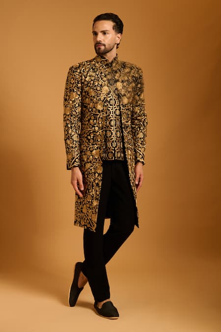 Buy_Siddartha Tytler_Gold Silk, Dupion, Knit Zari, Embroidery Sherwani Set _Online_at_Aza_Fashions