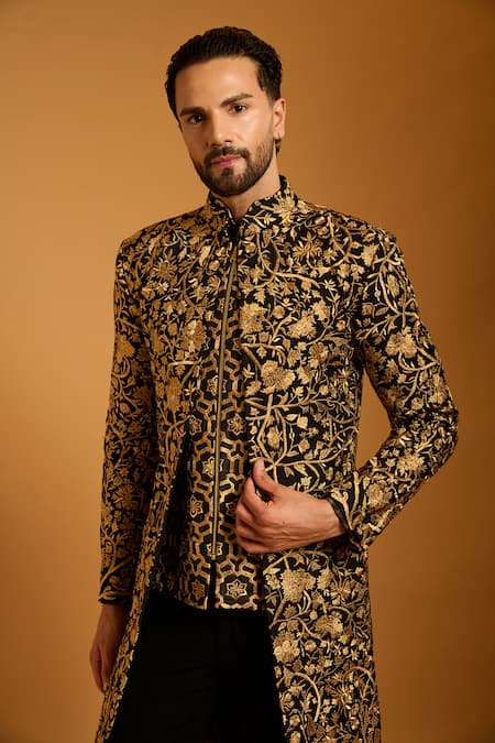 Shop_Siddartha Tytler_Gold Silk, Dupion, Knit Zari, Embroidery Sherwani Set _Online_at_Aza_Fashions