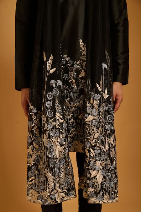 Siddartha Tytler_Black Polyester, Silk, Net Embroidery, Zari Foliage Work Kurta Set _Online_at_Aza_Fashions