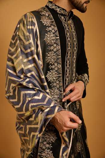 Siddartha Tytler_Black Microfiber, Knit, Chanderi Zari, Embroidery Sherwani Set _Online_at_Aza_Fashions