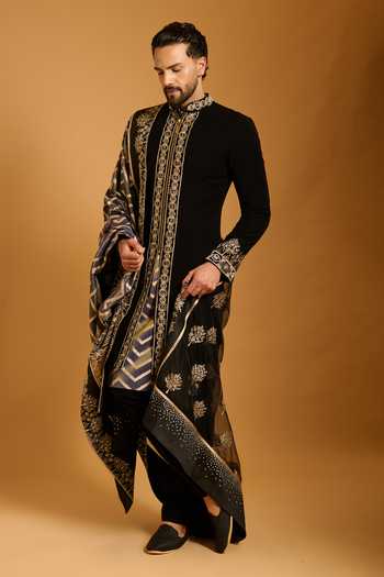 Shop_Siddartha Tytler_Black Microfiber, Knit, Chanderi Zari, Embroidery Sherwani Set _Online_at_Aza_Fashions