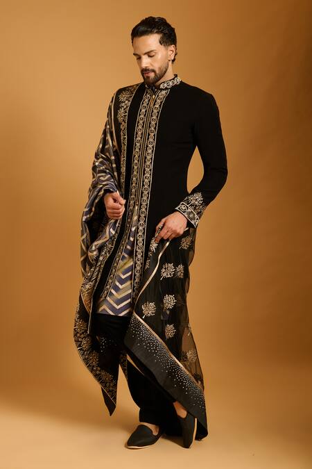 Siddartha Tytler_Black Zari, Crystals Chevron And Work Dupatta _Online_at_Aza_Fashions