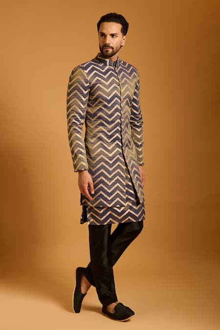 Buy_Siddartha Tytler_Charcoal Chanderi, Silk Chevron Pattern Sherwani Set _Online_at_Aza_Fashions