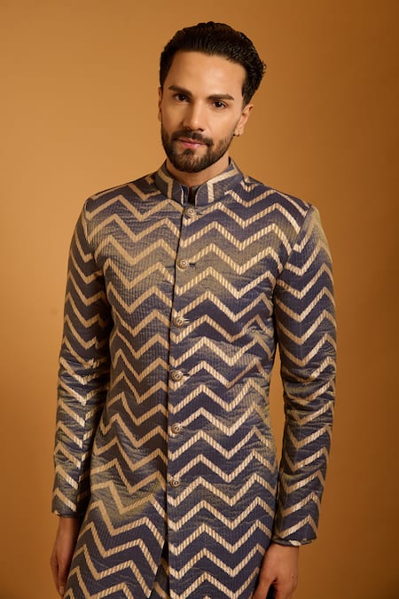 Shop_Siddartha Tytler_Charcoal Chanderi, Silk Chevron Pattern Sherwani Set _Online_at_Aza_Fashions