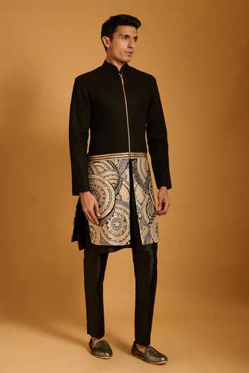 Siddartha Tytler_Black Silk Applique, Crystals Metallic Sherwani Set _Online_at_Aza_Fashions