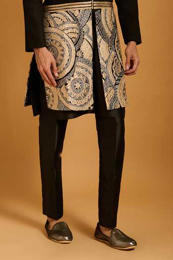 Buy_Siddartha Tytler_Black Silk Applique, Crystals Metallic Sherwani Set _Online_at_Aza_Fashions