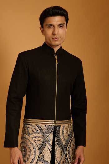 Shop_Siddartha Tytler_Black Silk Applique, Crystals Metallic Sherwani Set _Online_at_Aza_Fashions