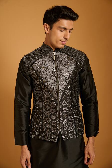 Buy_Siddartha Tytler_Black Dupion Crystals, Embroidery Work Bundi Set _Online_at_Aza_Fashions
