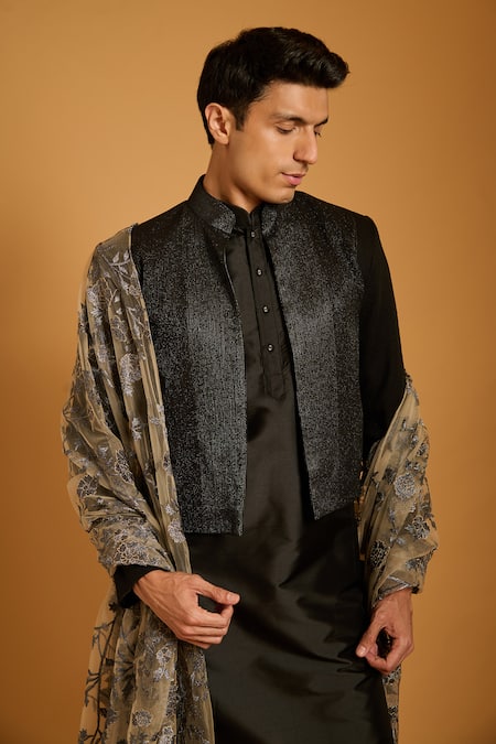 Siddartha Tytler_Black Silk Embroidery Gradient Thread Work Jacket Kurta Set _Online_at_Aza_Fashions