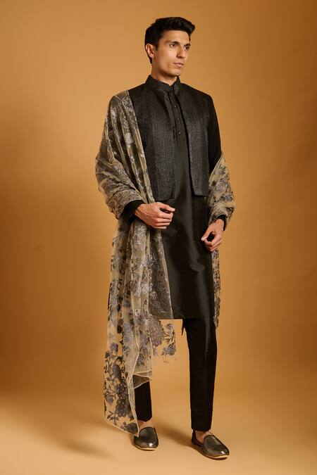 Buy_Siddartha Tytler_Grey Zari, Embroidery Dupatta _Online_at_Aza_Fashions