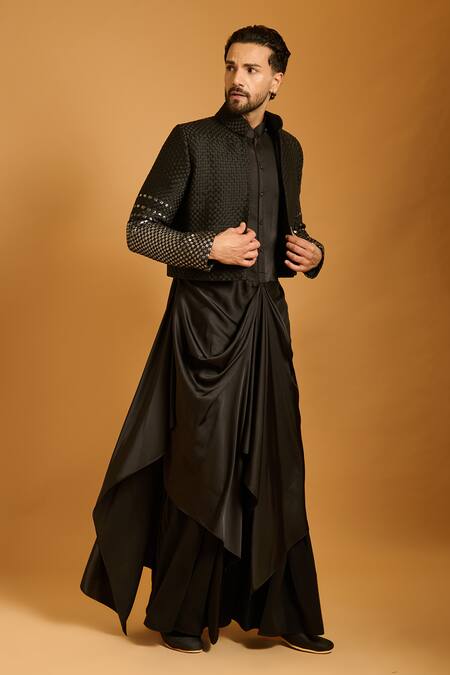 Siddartha Tytler_Black Polyester, Silk Gunmental Highlighted Sleeves Jacket _Online_at_Aza_Fashions