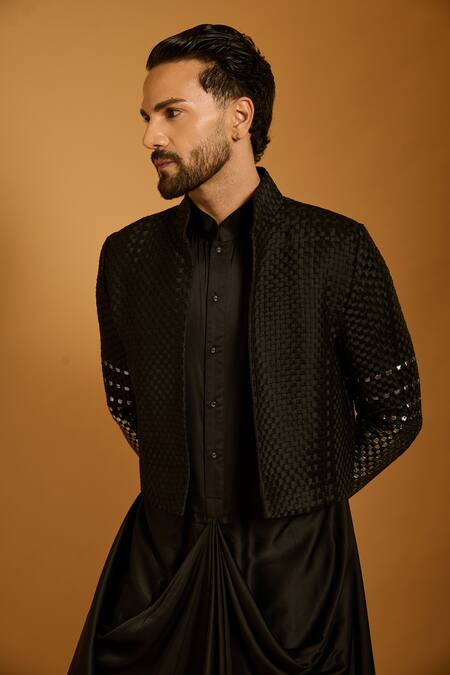 Buy_Siddartha Tytler_Black Polyester, Silk Gunmental Highlighted Sleeves Jacket _Online_at_Aza_Fashions