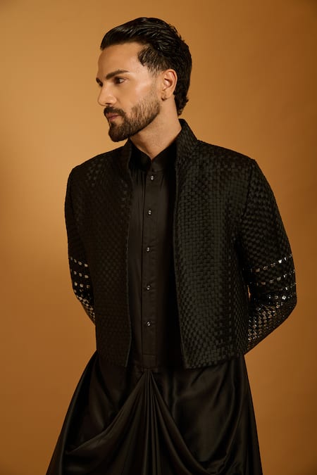 Siddartha Tytler_Black Lycra, Satin Draped Kurta Pyjama Set _Online_at_Aza_Fashions