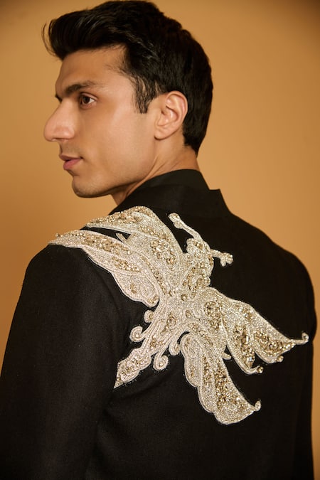 Siddartha Tytler_Black Silk, Polyester, Georgette Embroidery, Beads Dragonfly Jacket Pant Set _Online_at_Aza_Fashions