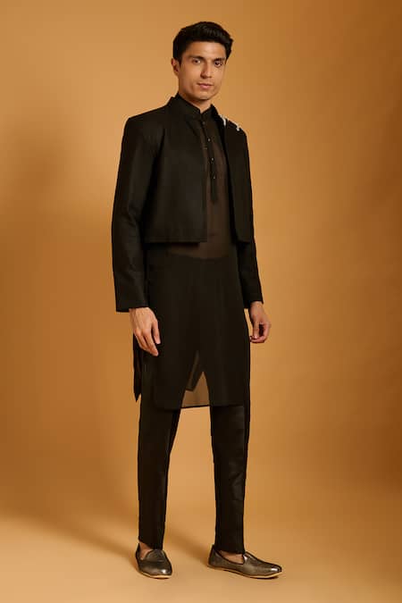 Buy_Siddartha Tytler_Black Silk, Polyester, Georgette Embroidery, Beads Dragonfly Jacket Pant Set _Online_at_Aza_Fashions