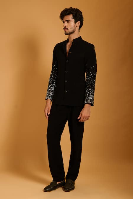 Siddartha Tytler Black Knit, Microfiber Crystals, Stones Gradient Sleeves Bandhgala Set