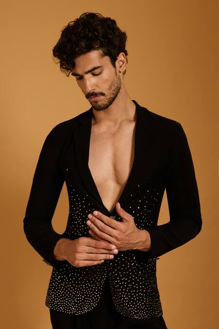 Shop Siddartha Tytler Black Knit, Microfiber Crystals Gradient Suit Set Online at Aza Fashions Shop_Siddartha Tytler_Black Knit, Microfiber Crystals Gradient Suit Set _Online_at_Aza_Fashions