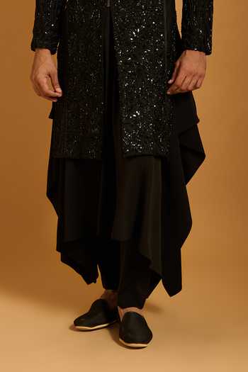 Siddartha Tytler_Black Silk, Lycra, Satin Sequins Mix Media Embroidered Sherwani Set _Online_at_Aza_Fashions
