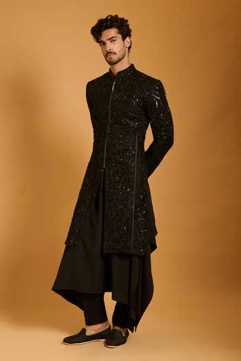 Buy_Siddartha Tytler_Black Silk, Lycra, Satin Sequins Mix Media Embroidered Sherwani Set _Online_at_Aza_Fashions