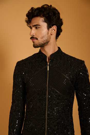 Shop_Siddartha Tytler_Black Silk, Lycra, Satin Sequins Mix Media Embroidered Sherwani Set _Online_at_Aza_Fashions