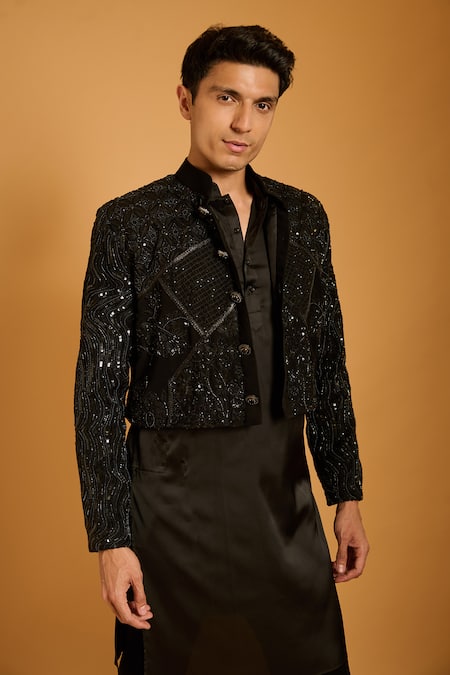 Siddartha Tytler_Black Silk, Polyester Sequins Embellished Jacket Pant Set _Online_at_Aza_Fashions