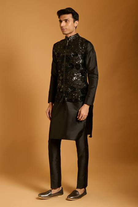 Siddartha Tytler Black Dupion, Polyester, Silk Sequins Floral Work Bundi Set Online at Aza Fashions Siddartha Tytler_Black Dupion, Polyester, Silk Sequins Floral Work Bundi Set _Online_at_Aza_Fashions