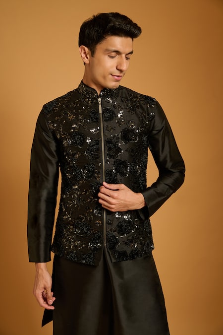 Buy Siddartha Tytler Black Dupion, Polyester, Silk Sequins Floral Work Bundi Set Online at Aza Fashions Buy_Siddartha Tytler_Black Dupion, Polyester, Silk Sequins Floral Work Bundi Set _Online_at_Aza_Fashions