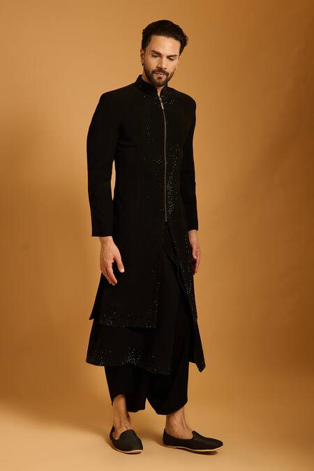 Buy Siddartha Tytler Black Microfiber Crystals Work Zipper Sherwani Set Online at Aza Fashions Buy_Siddartha Tytler_Black Microfiber Crystals Work Zipper Sherwani Set _Online_at_Aza_Fashions