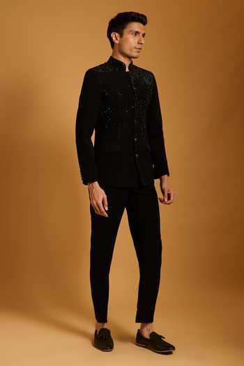 Siddartha Tytler_Black Microfiber Crystals Gradient Embellished Bandhgala Set _Online_at_Aza_Fashions