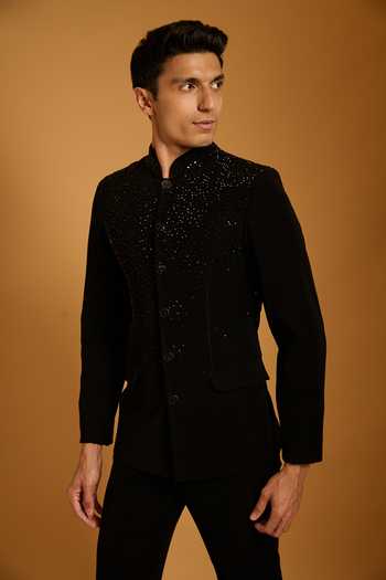 Buy_Siddartha Tytler_Black Microfiber Crystals Gradient Embellished Bandhgala Set _Online_at_Aza_Fashions