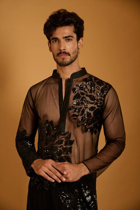 Buy_Siddartha Tytler_Black Georgette, Polyester, Silk Sequins, Floral Work Sheer Kurta Set _Online_at_Aza_Fashions